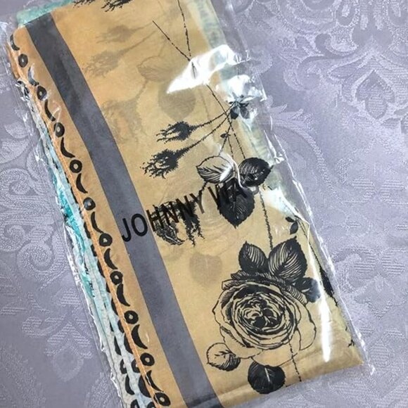 Johnny Was Emillia Silk Scarf Blue Square Large Beige Scarves Floral Tassels NEW - Picture 6 of 6